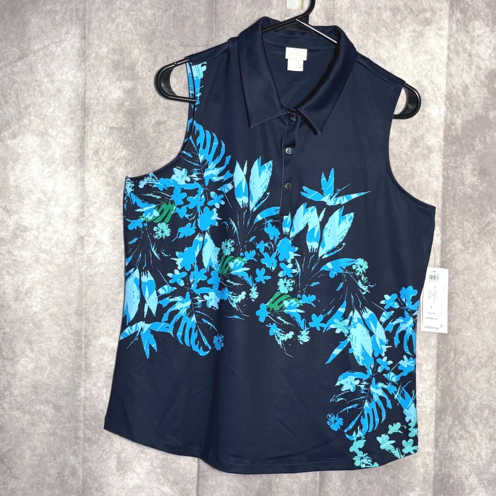 NWT Chico's Zenergy Printed Sleeveless Polo Tank Women 1 Navy Blue Tropical Top